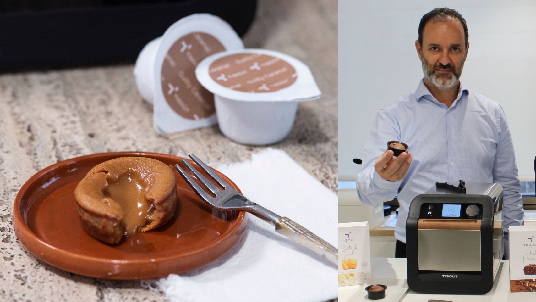 A la izquierda, uno de los pasteles de Tigoût junto a sus cápsulas y, a la derecha, Rodrigo Córdoba y el dispositivo.