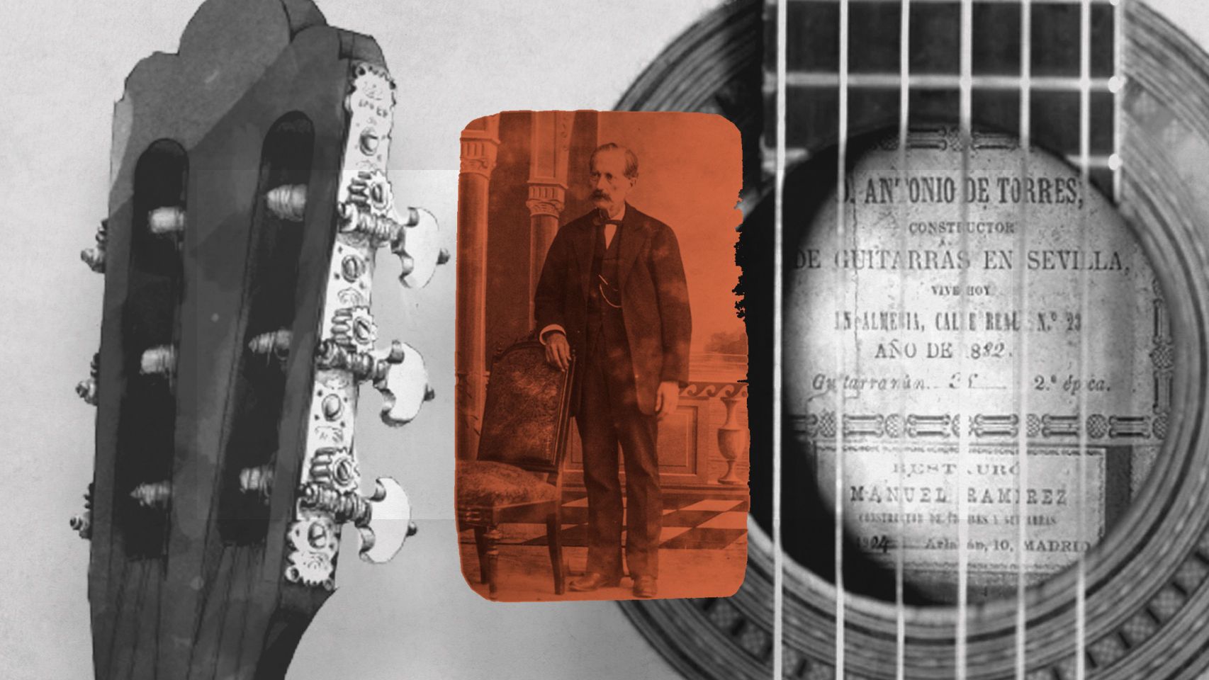 Antonio Torres sobre la imagen de una de sus guitarras.