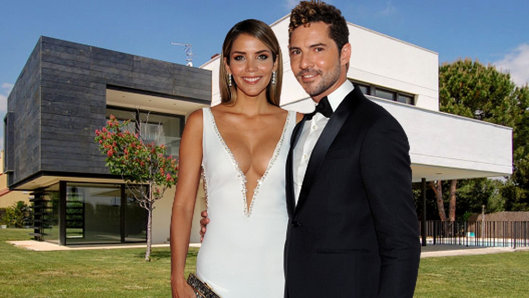 David Bisbal y Rosanna Zanetti junto a su casa alquilada, en un montaje de Jaleos.