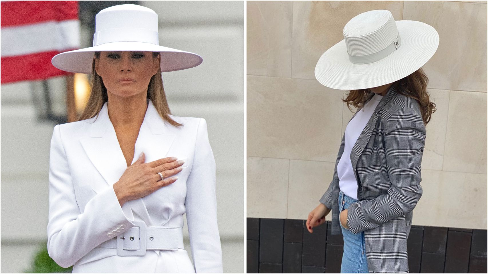 Melania Trump con el sombrero de Hervé Pierre, y la pieza similar de Raceu hats.
