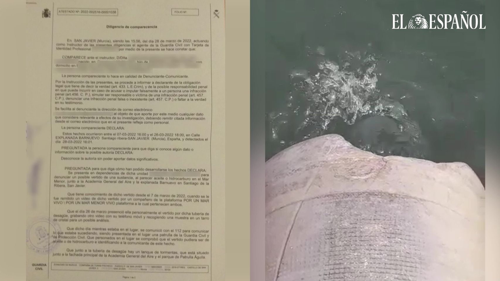 La denuncia que la Plataforma por un Mar Menor vivo ha presentado en la Guardia Civil.