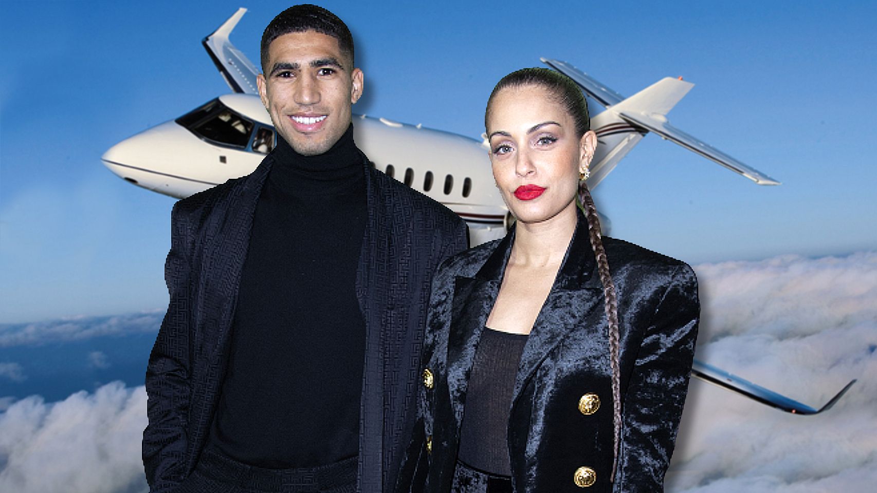 Achraf Hakimi e Hiba Abouk a menudo vuelan en jet privado por comodidad | Fotomontaje de EL ESPAÑOL