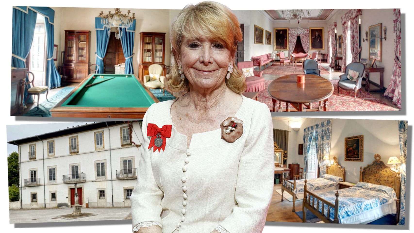 Esperanza Aguirre junto a las fotos del palacete de su suegra, en un fotomontaje de EL ESPAÑOL.