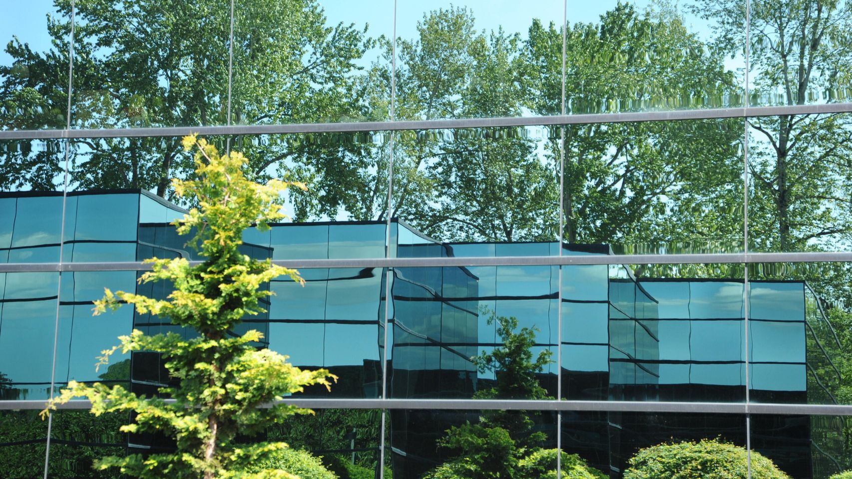 Un edificio de oficinas envuelto por zonas verdes.