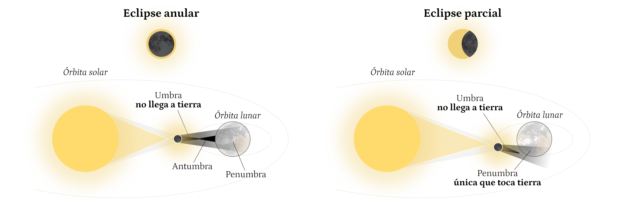 Infografía de explicación de eclipse anular y parcial